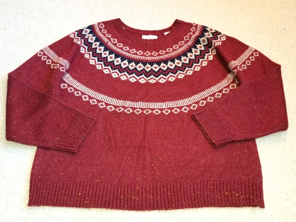 NWT Womens Sweater-WEATHERPROOF-brick red Fair Isle pullover Classic gorpcore-XL